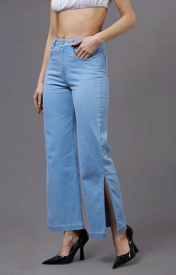 MISS CHASE | Women's Blue Solid Straight Jeans