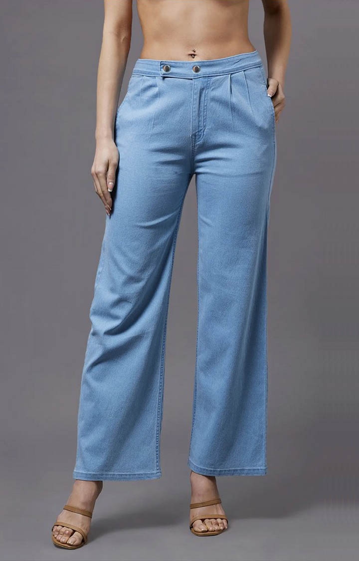 MISS CHASE | Women's Blue Solid Straight Jeans