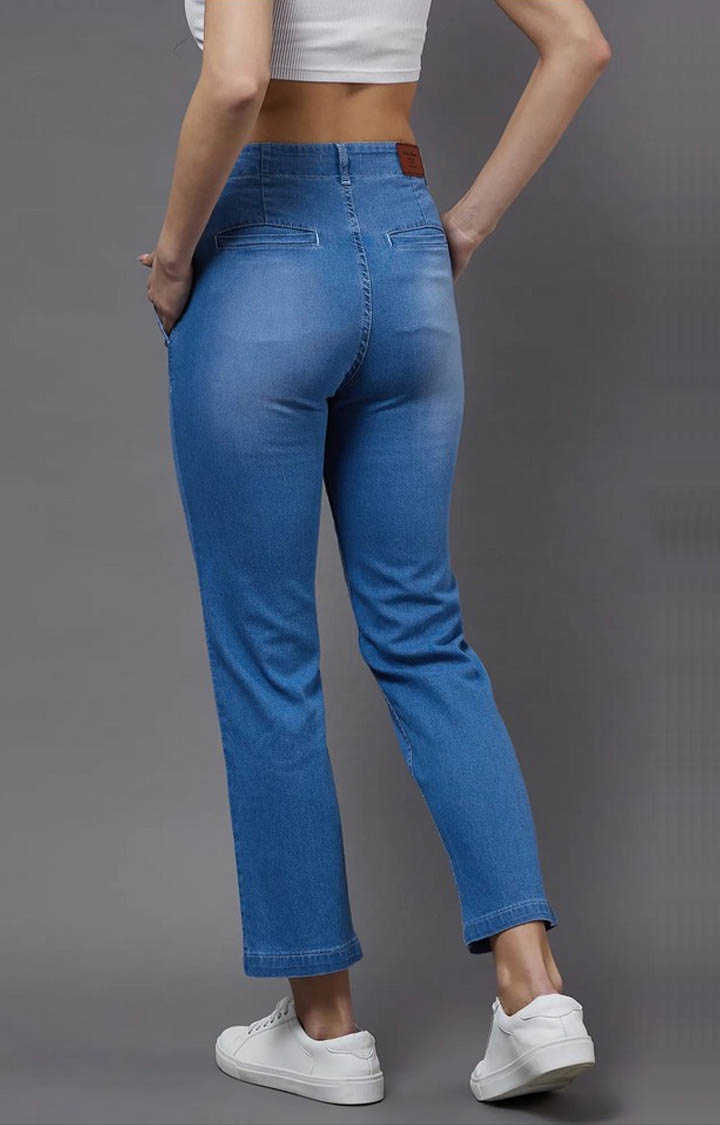 MISS CHASE | Women's Blue Solid Flared Jeans 4
