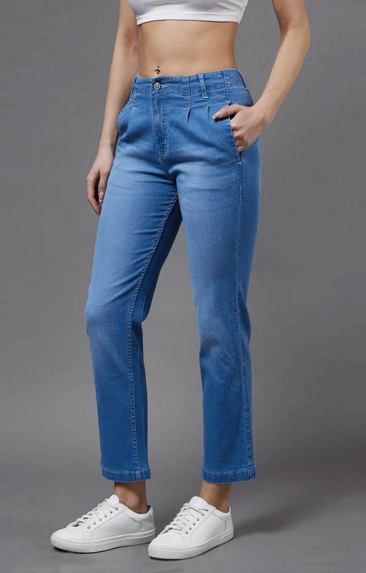 MISS CHASE | Women's Blue Solid Flared Jeans 3