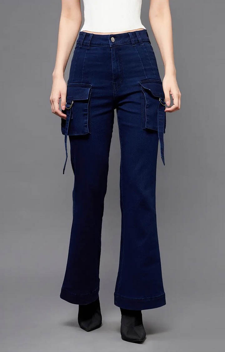 MISS CHASE | Women's Navy Solid Flared Jeans