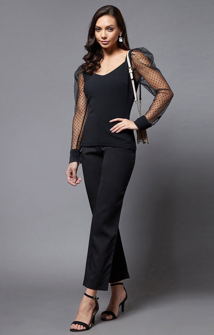 Women's Black Polyester  Tops