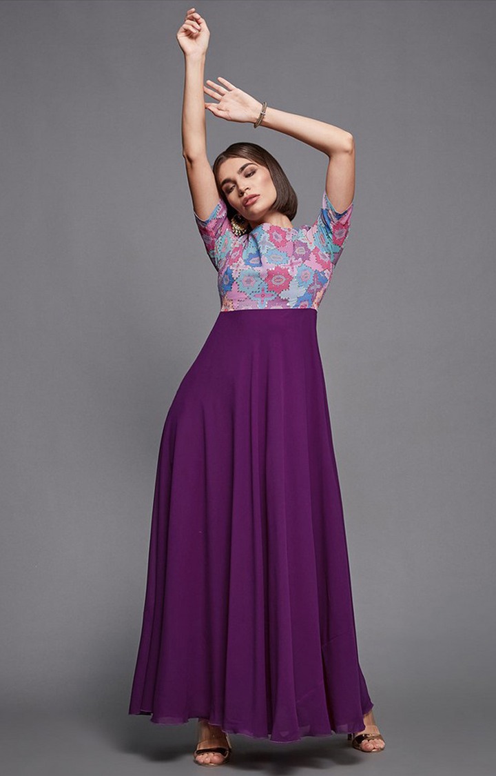 Women's Purple Georgette Casualwear Maxi Dress
