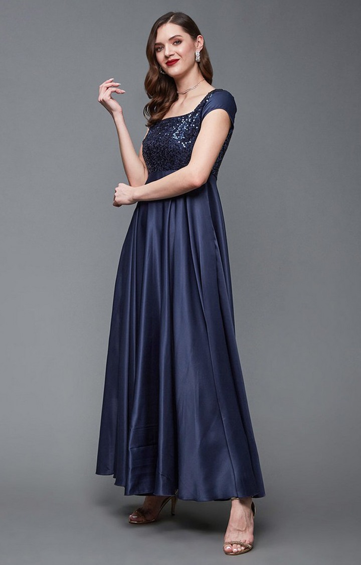 Women's Blue Polyester EmbellishedEveningwear Maxi Dress