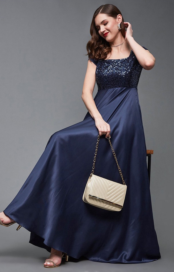Women's Blue Polyester EmbellishedEveningwear Maxi Dress