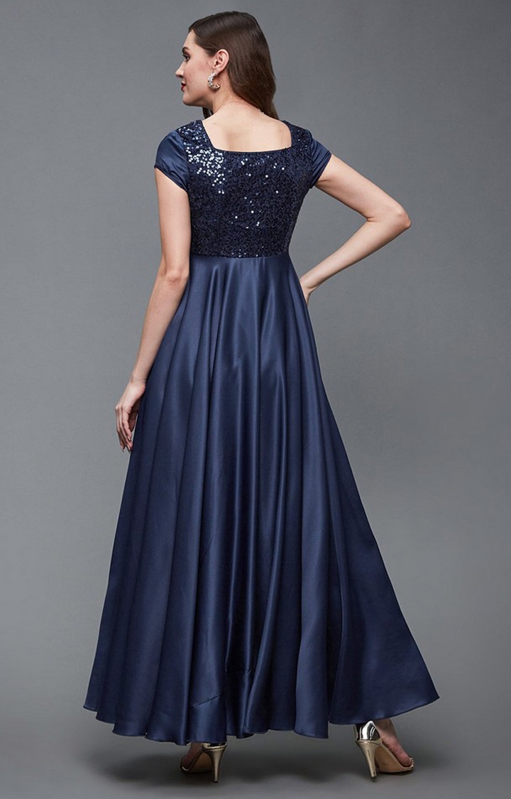 Women's Blue Polyester EmbellishedEveningwear Maxi Dress