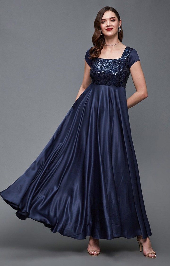 Women's Blue Polyester EmbellishedEveningwear Maxi Dress