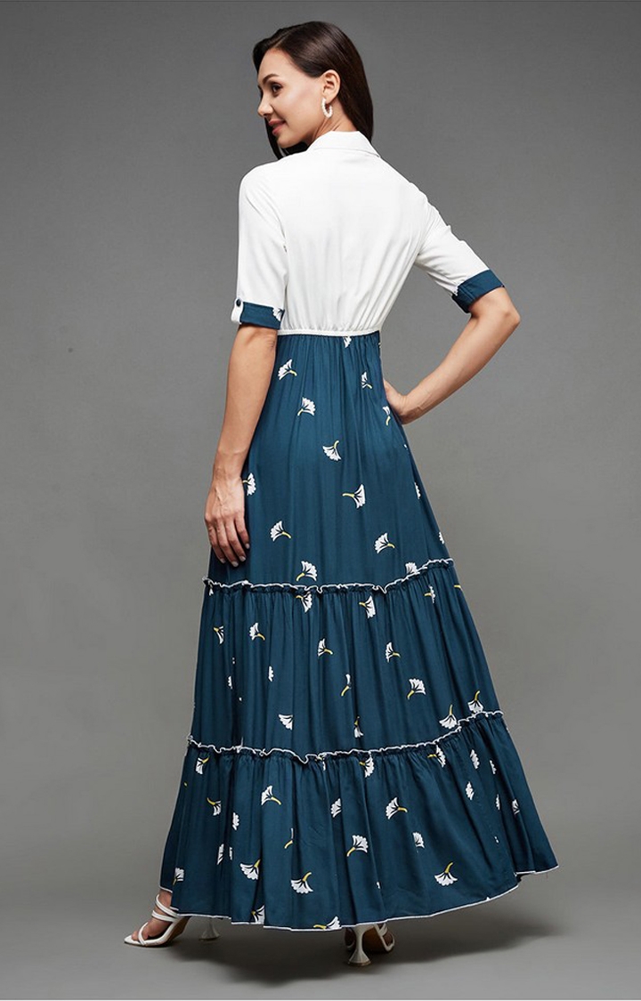 Women's Blue Viscose Rayon PrintedEveningwear Gowns