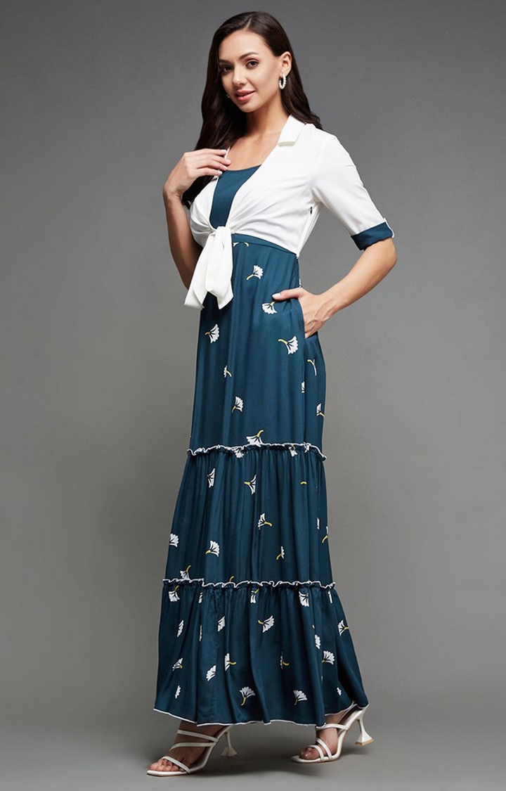 Women's Blue Viscose Rayon PrintedEveningwear Gowns