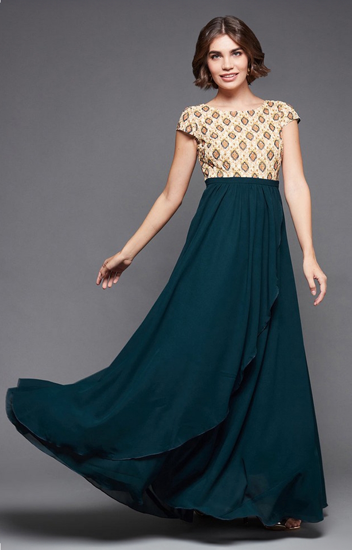 MISS CHASE | Women's Green Georgette Casualwear Maxi Dress