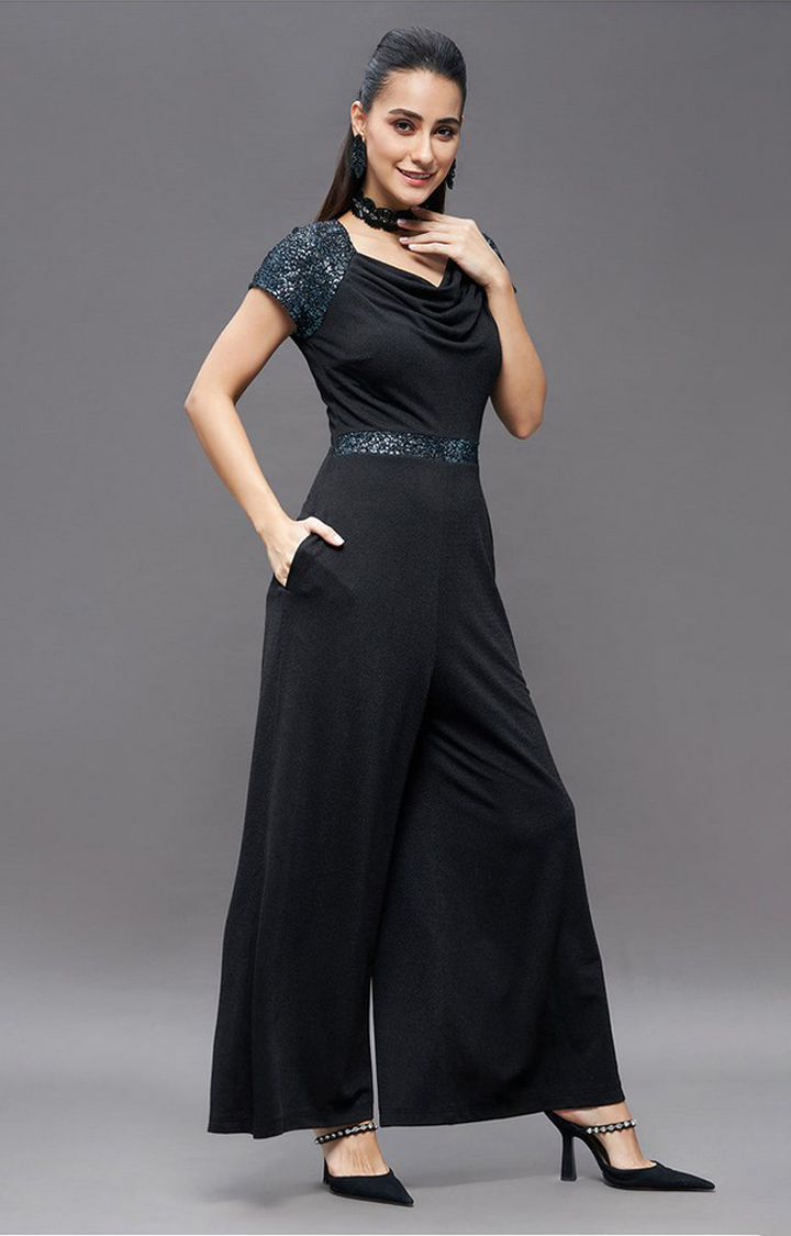 Women's Black Polyester  Jumpsuits