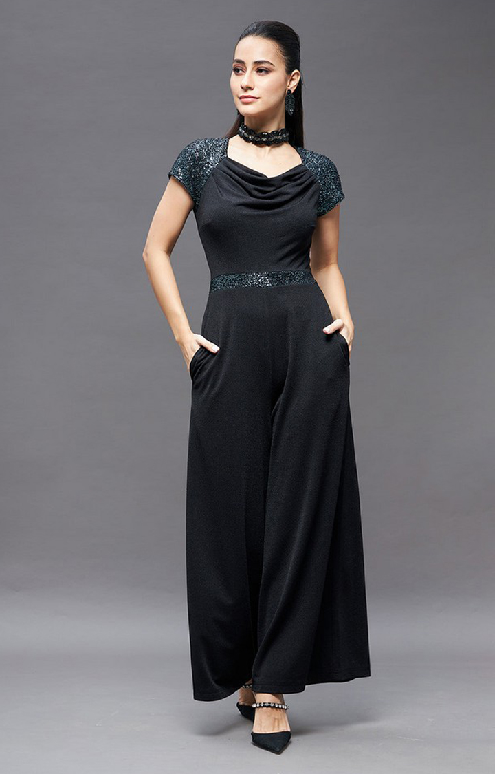Women's Black Polyester  Jumpsuits
