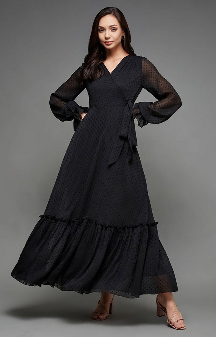 MISS CHASE | Women's Black Chiffon SolidEveningwear Fit & Flare Dress