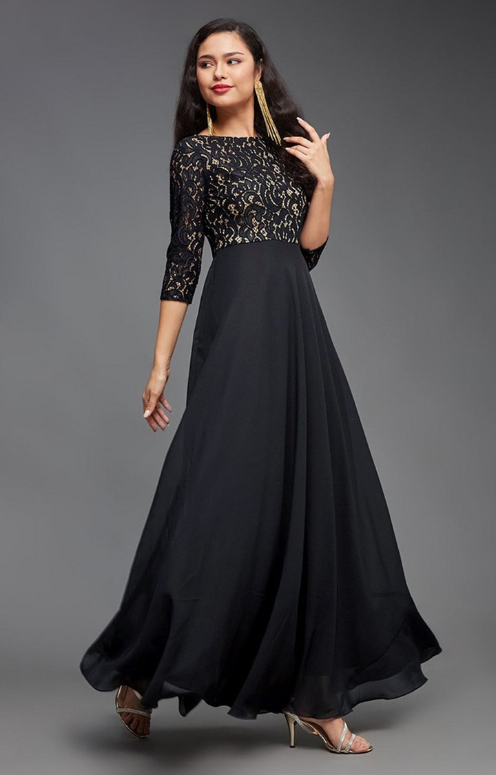 Women's Black Georgette EmbroideredEveningwear Maxi Dress