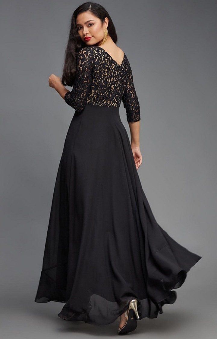Women's Black Georgette EmbroideredEveningwear Maxi Dress