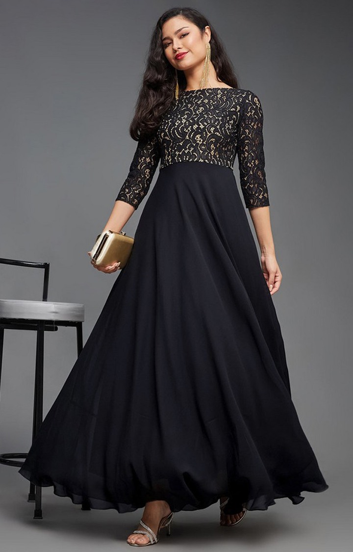 Women's Black Georgette EmbroideredEveningwear Maxi Dress