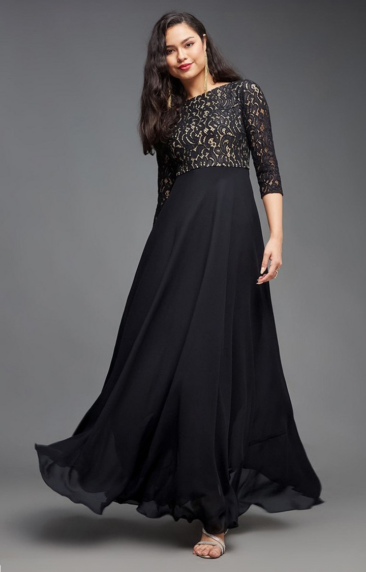 Women's Black Georgette EmbroideredEveningwear Maxi Dress