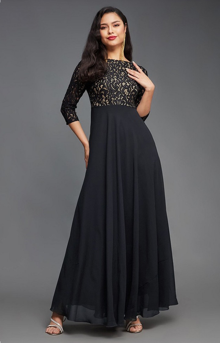 Women's Black Georgette EmbroideredEveningwear Maxi Dress