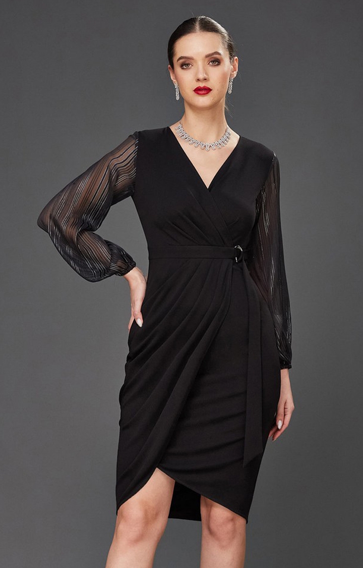 MISS CHASE | Women's Black Polyester EmbroideredEveningwear Shift Dress