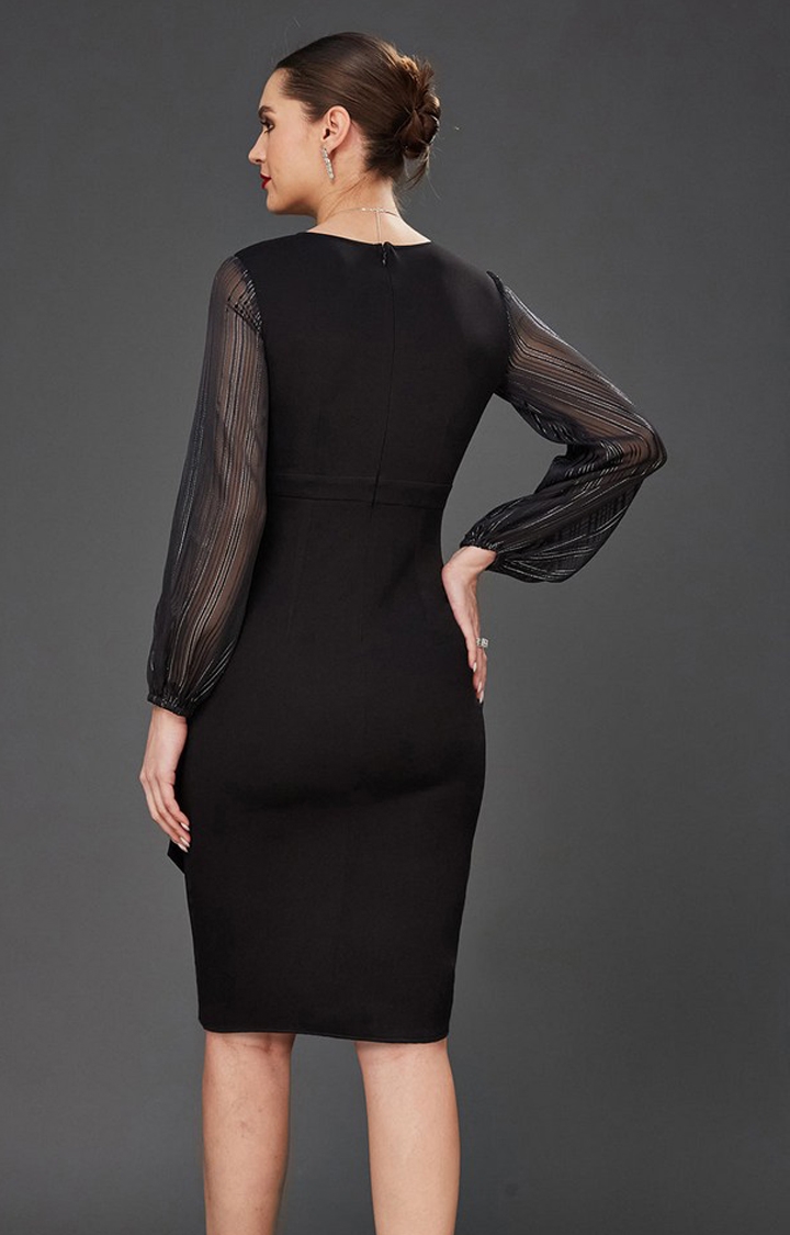 Women's Black Polyester EmbroideredEveningwear Shift Dress