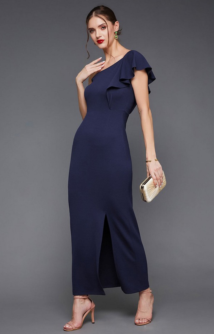 Women's Blue Polyester SolidEveningwear Maxi Dress