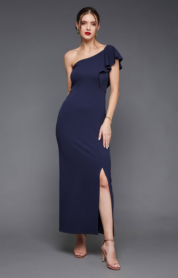 MISS CHASE | Women's Blue Polyester SolidEveningwear Maxi Dress
