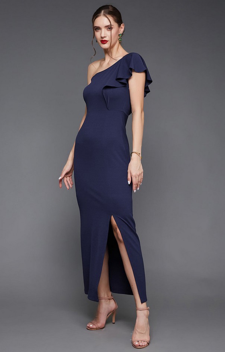 Women's Blue Polyester SolidEveningwear Maxi Dress