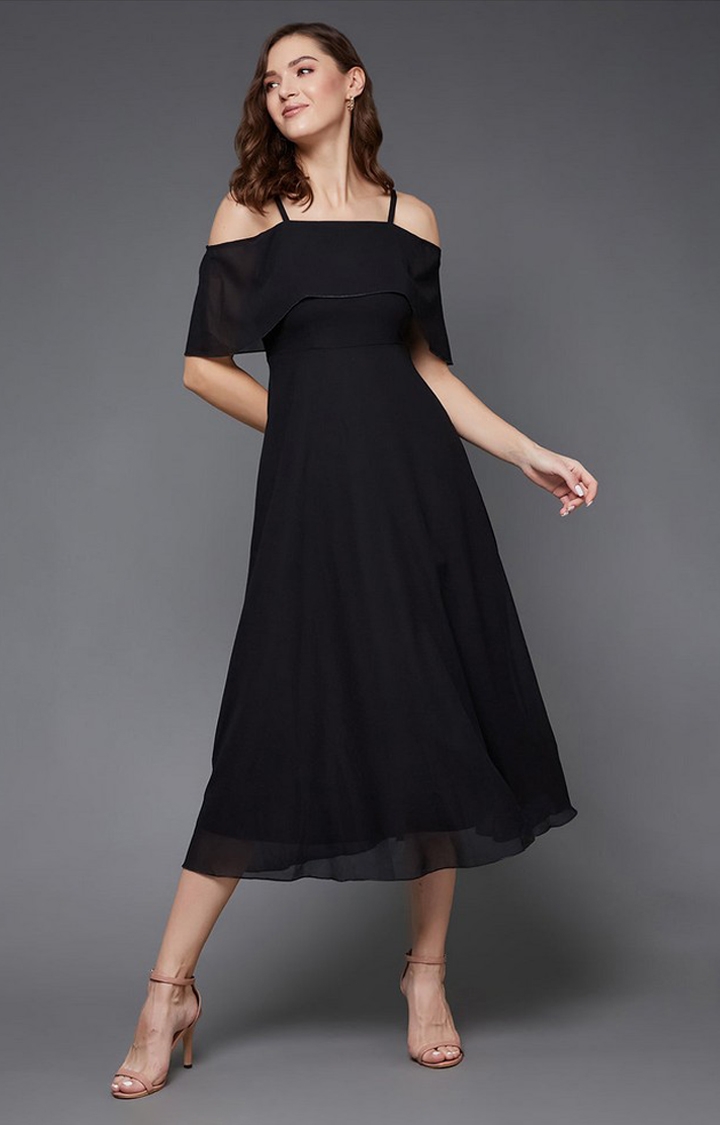 MISS CHASE | Women's Black Georgette SolidEveningwear Bodycon Dress