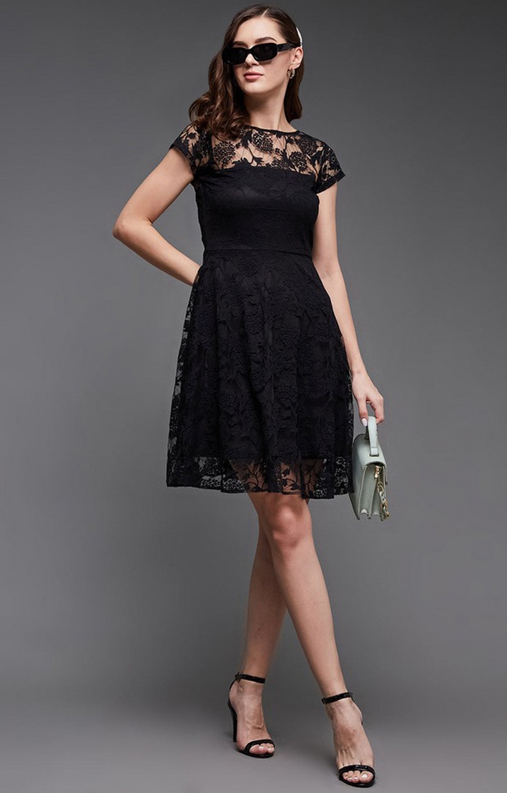 Women's Black Polyester EmbroideredEveningwear Fit & Flare Dress