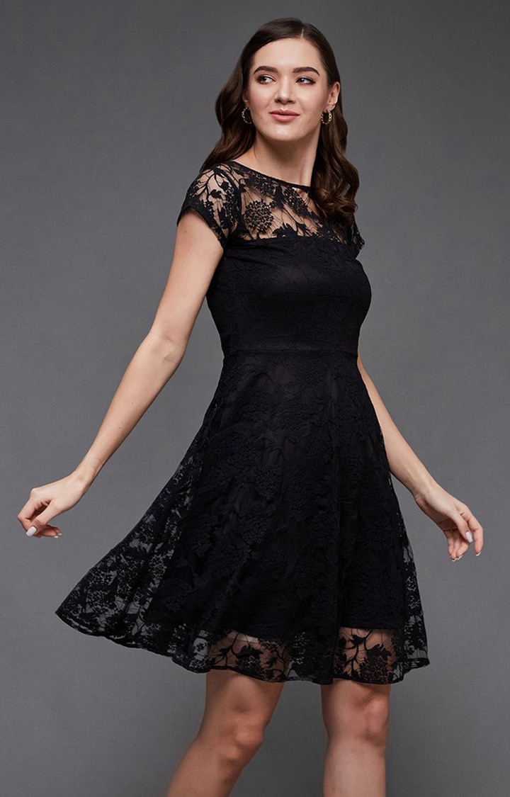 Women's Black Polyester EmbroideredEveningwear Fit & Flare Dress