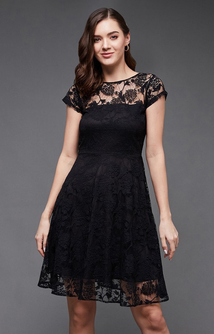 MISS CHASE | Women's Black Polyester EmbroideredEveningwear Fit & Flare Dress