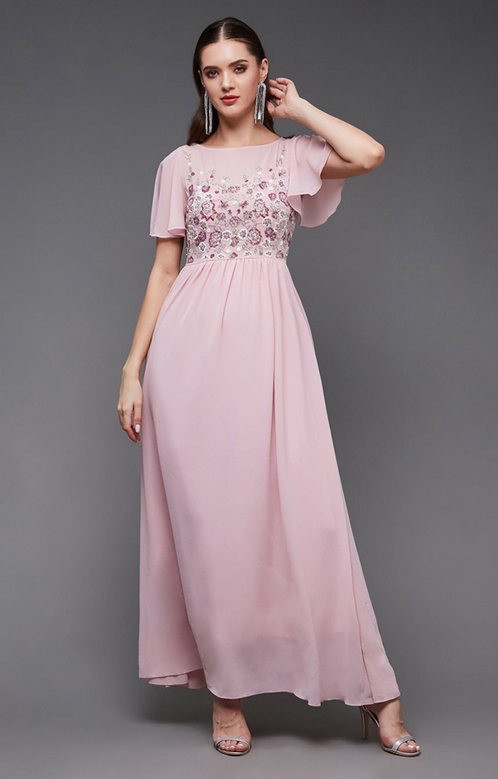 MISS CHASE | Women's Pink Georgette EmbellishedEveningwear Gowns