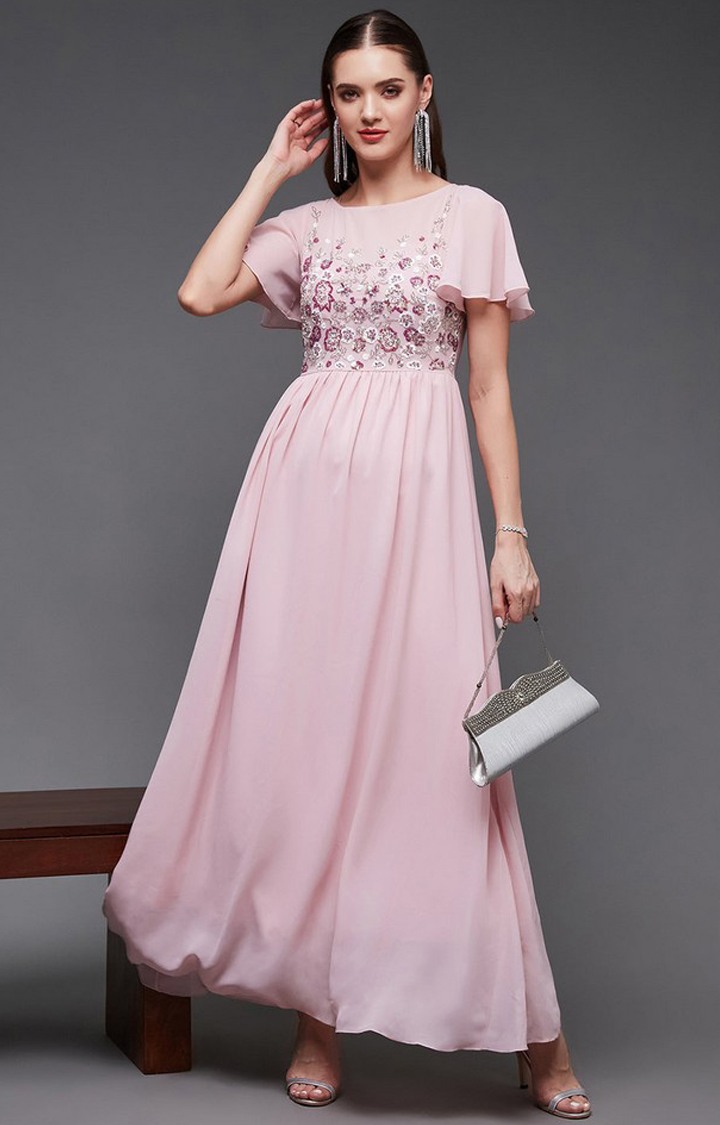 Women's Pink Georgette EmbellishedEveningwear Gowns