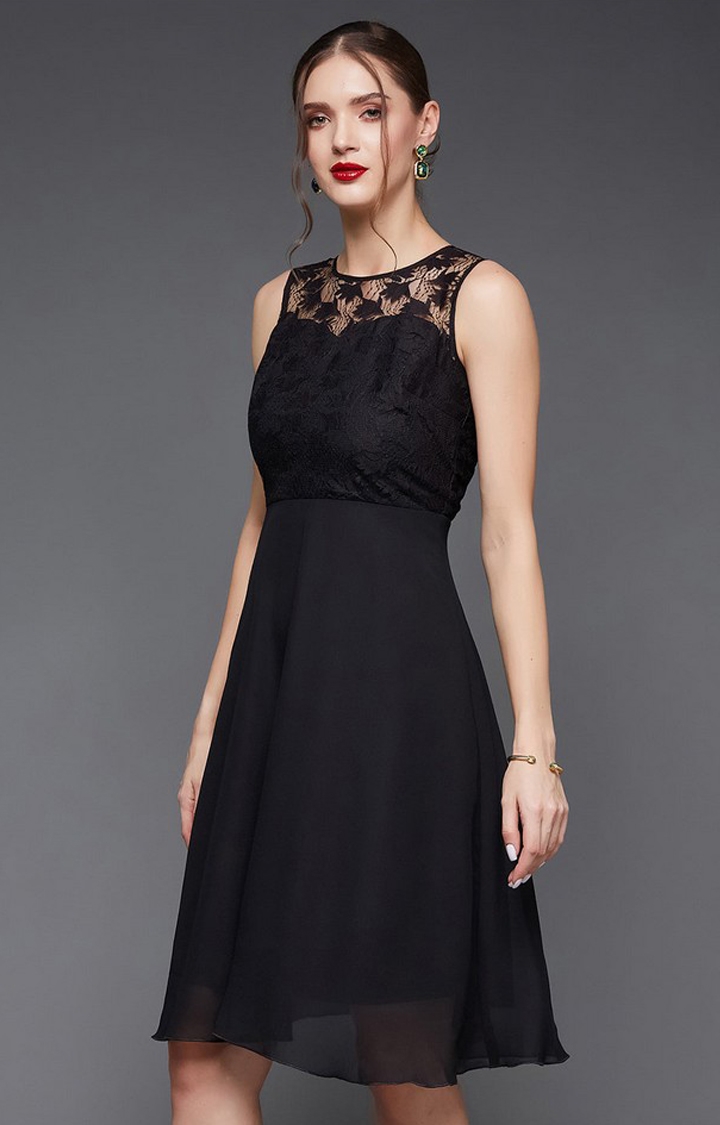 MISS CHASE | Women's Black Georgette EmbroideredEveningwear Fit & Flare Dress
