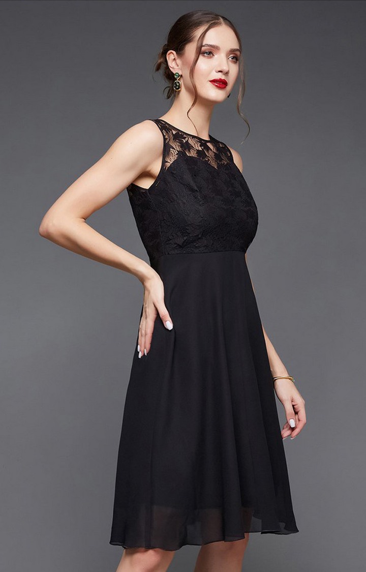 Women's Black Georgette EmbroideredEveningwear Fit & Flare Dress