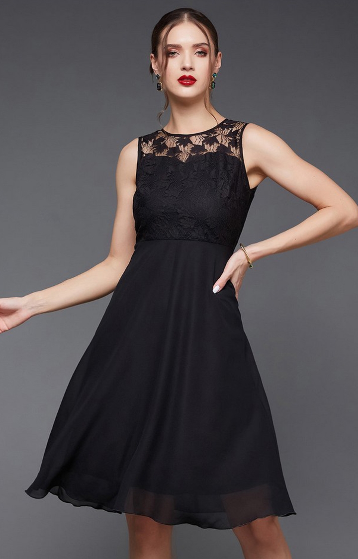 Women's Black Georgette EmbroideredEveningwear Fit & Flare Dress