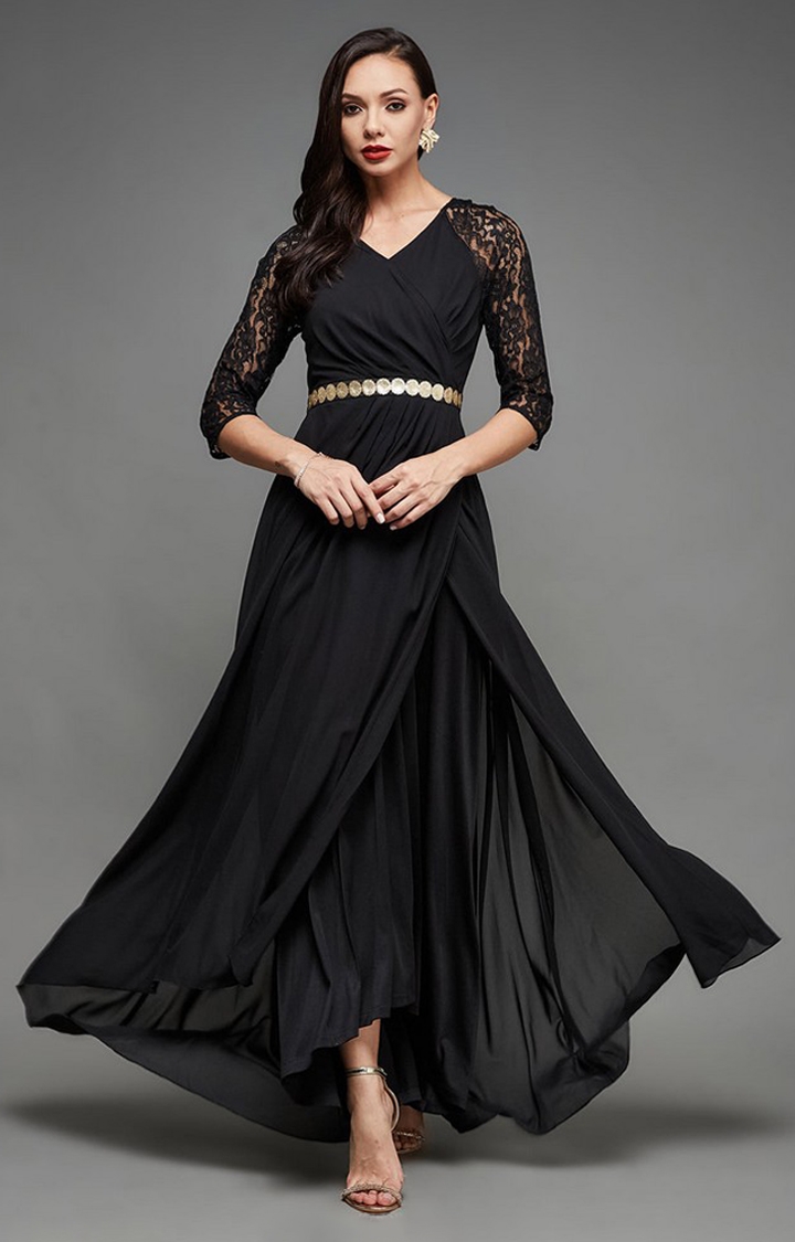 MISS CHASE | Women's Black Georgette EmbroideredEveningwear Maxi Dress
