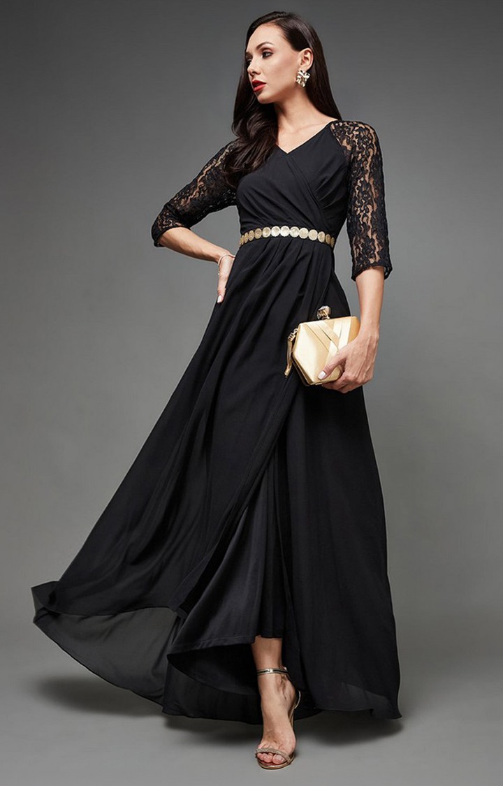 Women's Black Georgette EmbroideredEveningwear Maxi Dress