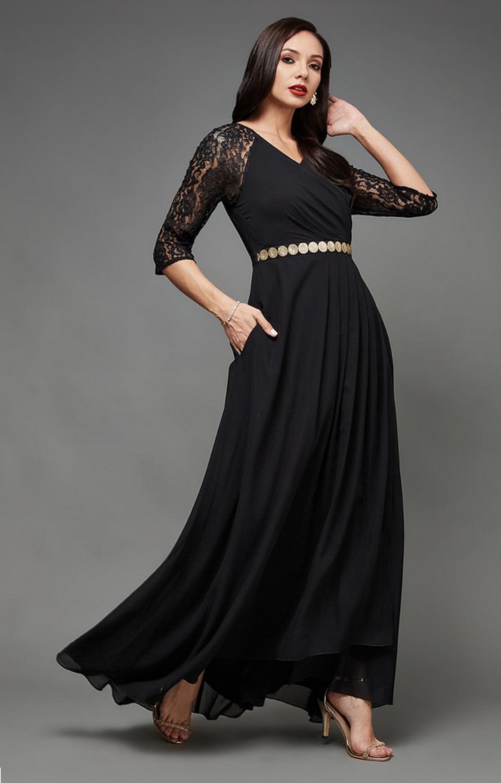 Women's Black Georgette EmbroideredEveningwear Maxi Dress