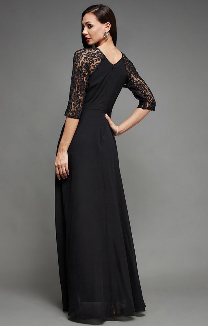 Women's Black Georgette EmbroideredEveningwear Maxi Dress