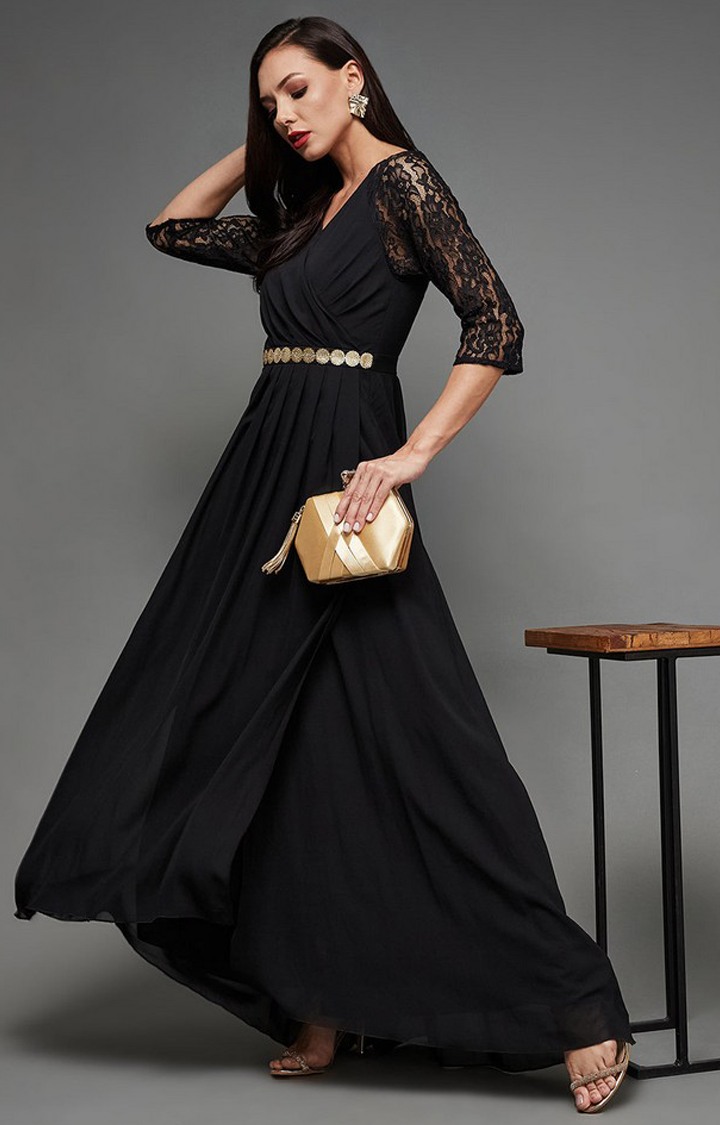 Women's Black Georgette EmbroideredEveningwear Maxi Dress