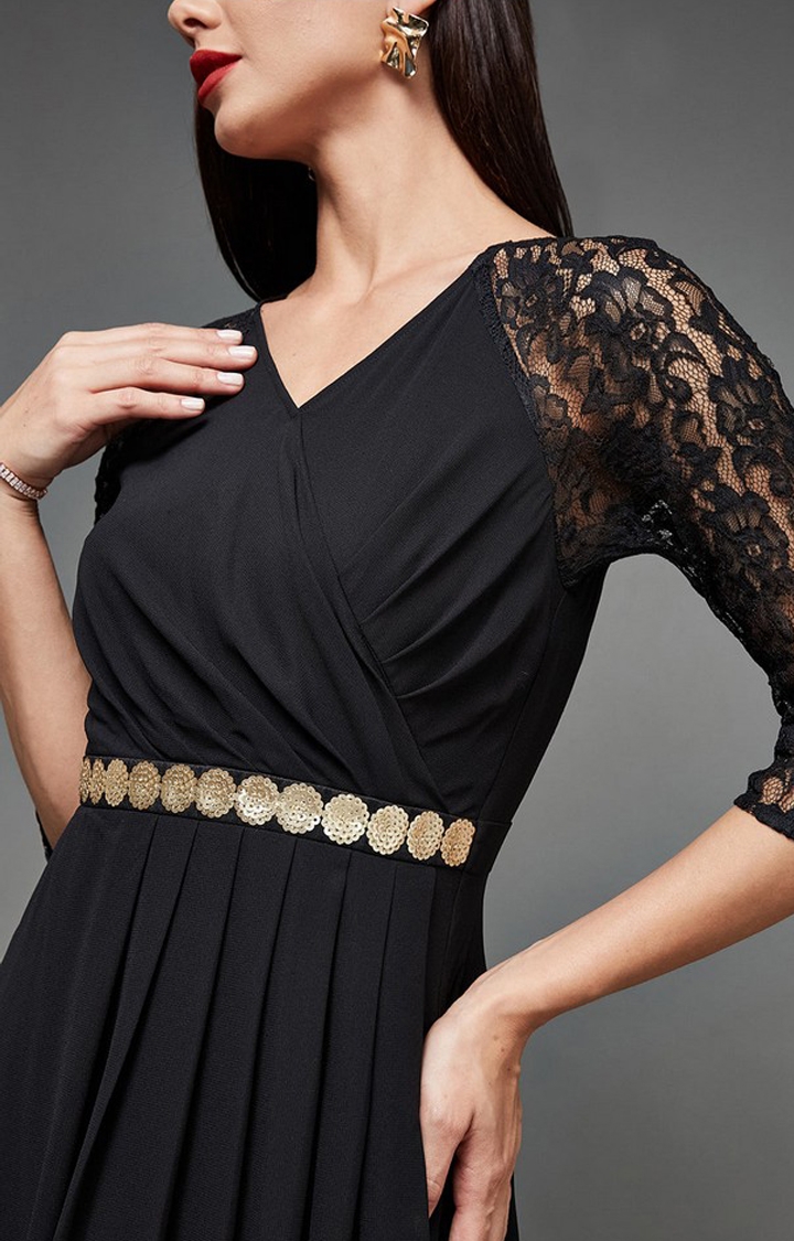 Women's Black Georgette EmbroideredEveningwear Maxi Dress