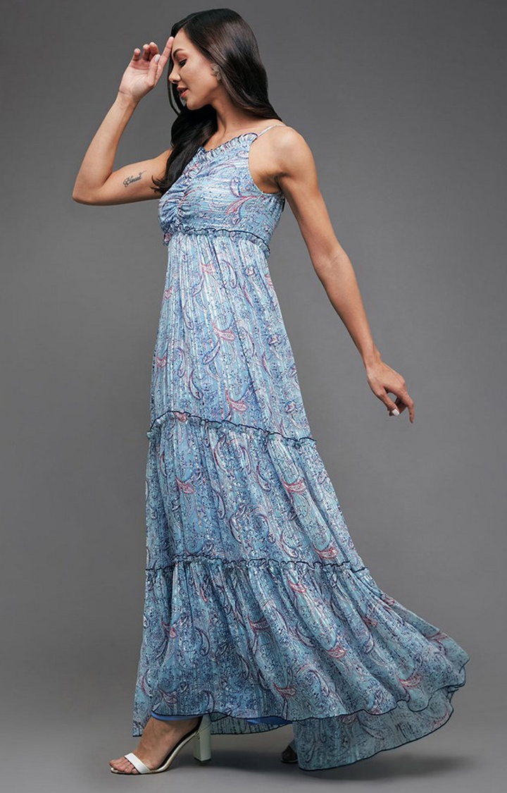 Women's Blue Georgette Casualwear Tiered Dress