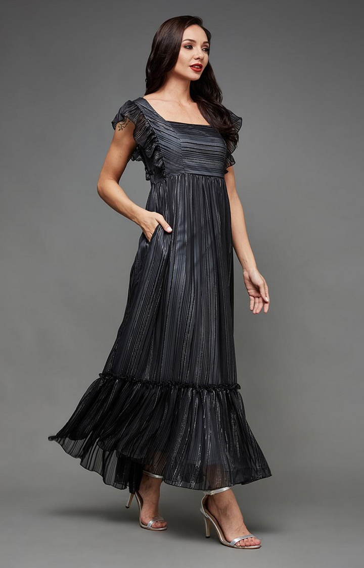 MISS CHASE | Women's Black Georgette SolidEveningwear Shift Dress