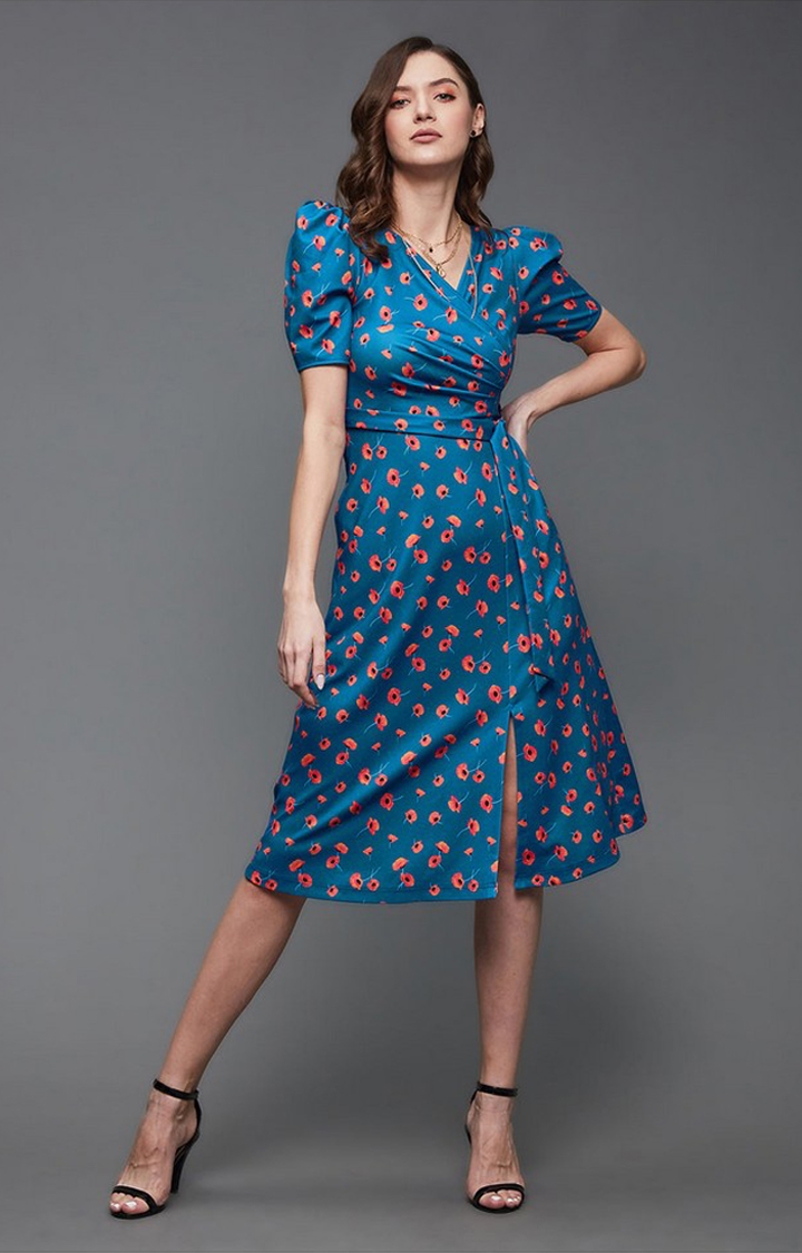 MISS CHASE | Women's Blue Polyester Casualwear Fit & Flare Dress