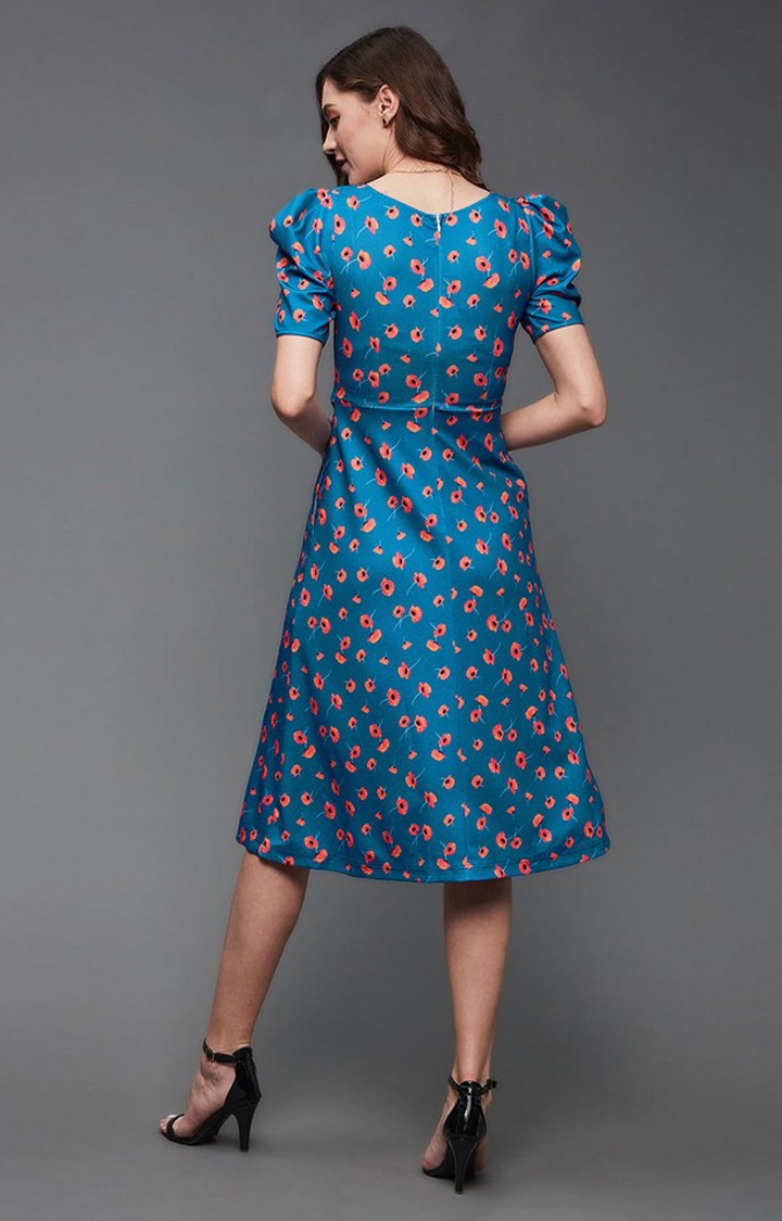 Women's Blue Polyester Casualwear Fit & Flare Dress