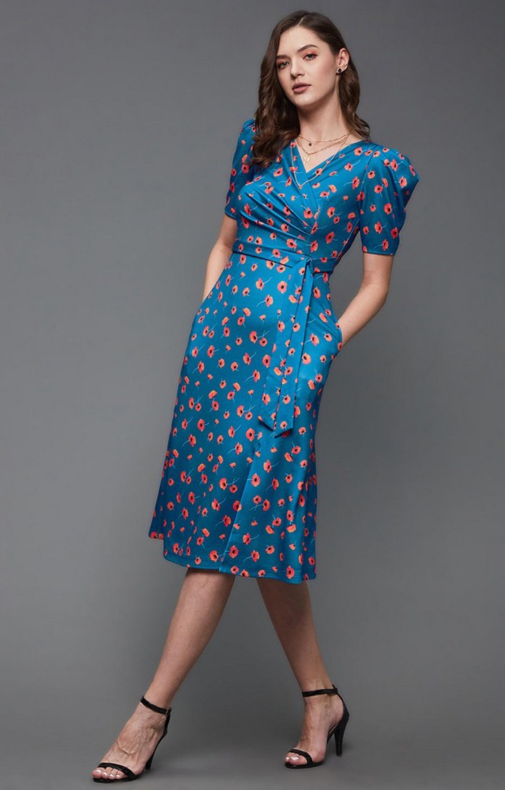 Women's Blue Polyester Casualwear Fit & Flare Dress