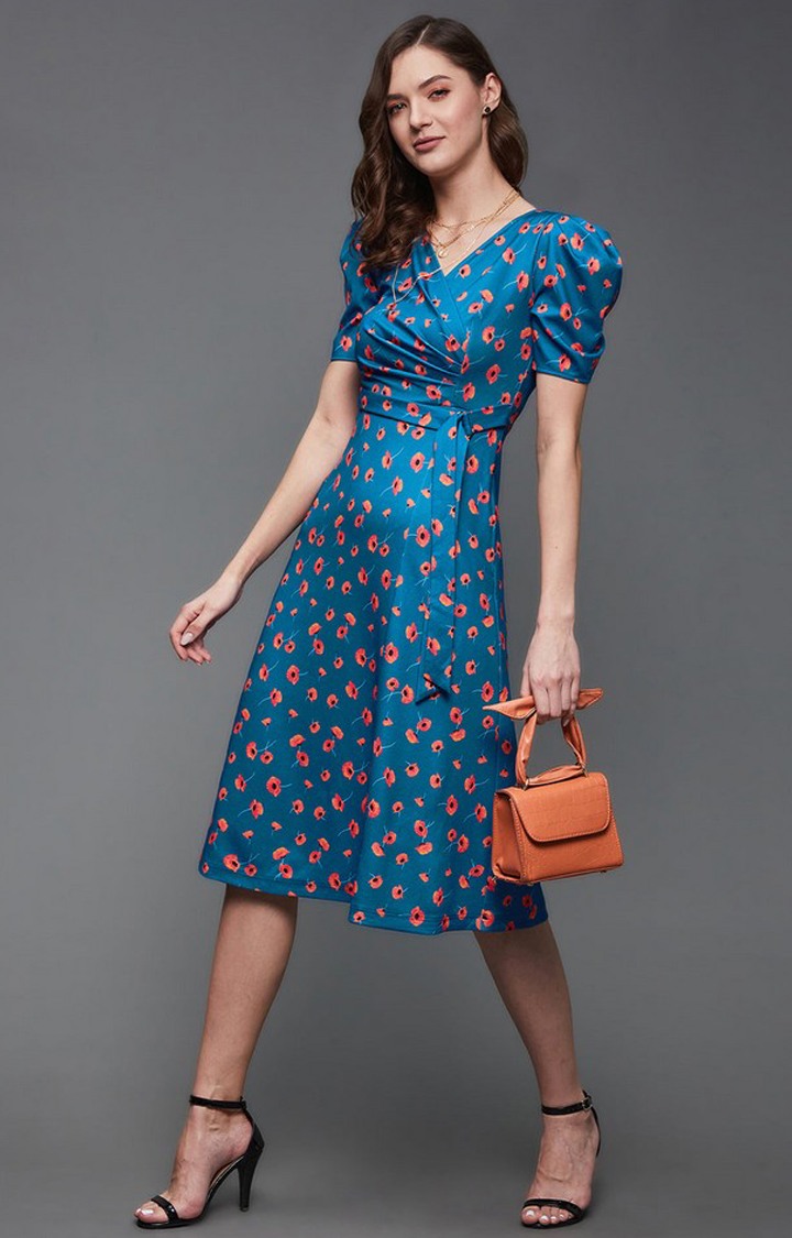 Women's Blue Polyester Casualwear Fit & Flare Dress