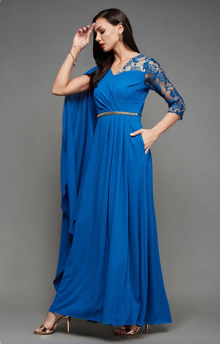Women's Blue Georgette SolidEveningwear Maxi Dress