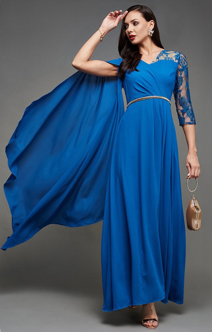 Women's Blue Georgette SolidEveningwear Maxi Dress